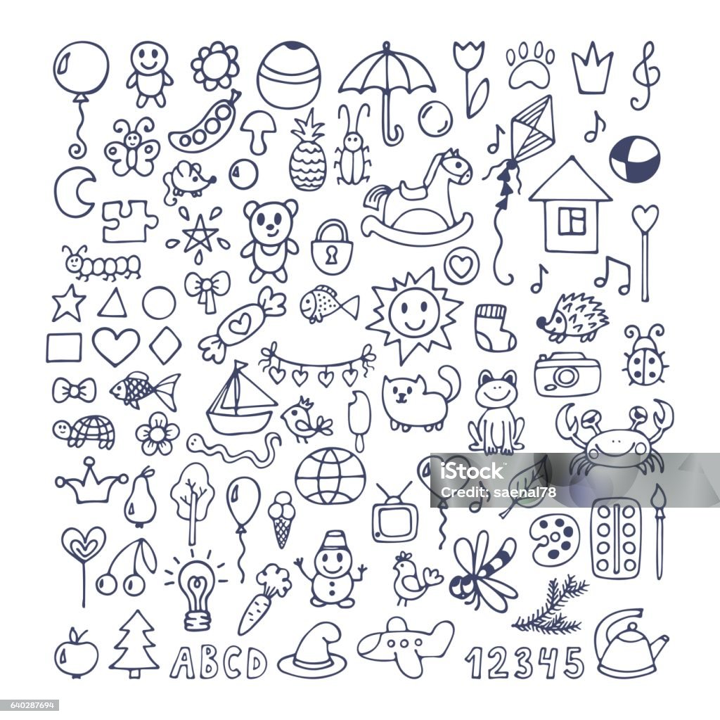 Collection of hand drawn cute doodles. Doodle children drawing Collection of hand drawn cute doodles. Doodle children drawing. Sketch set of drawings in child style. Vector illustration Child stock vector