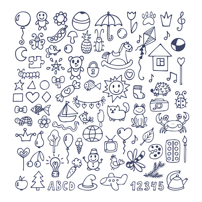 Collection Of Hand Drawn Cute Doodles Doodle Children Drawing Stock ...