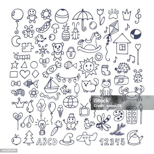 Collection Of Hand Drawn Cute Doodles Doodle Children Drawing Stock Illustration - Download Image Now