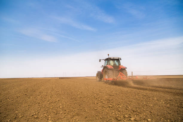 istock Farmer in tractor preparing land with seedbed cultivator. 640288872