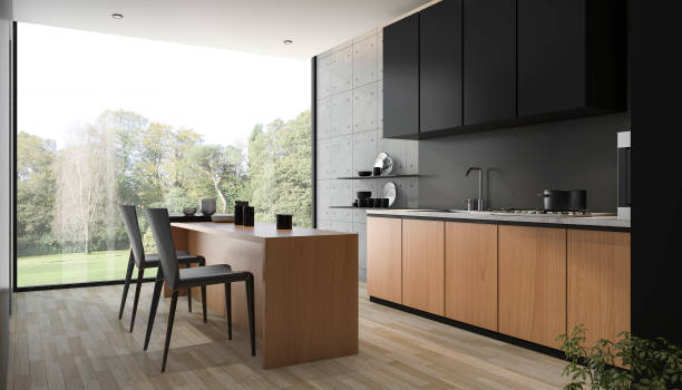 3d rendering moderna cucina nera con legno incorporato - domestic kitchen appliance home interior house foto e immagini stock