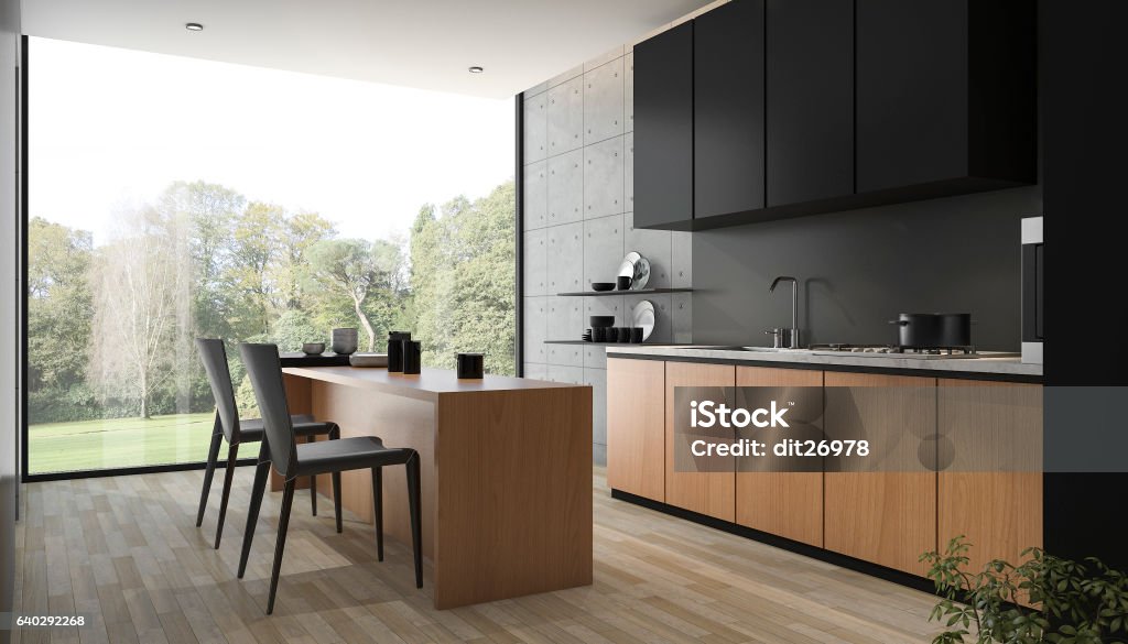3d rendering modern black kitchen with wood built in 3d rendering by 3dsmax Kitchen Stock Photo