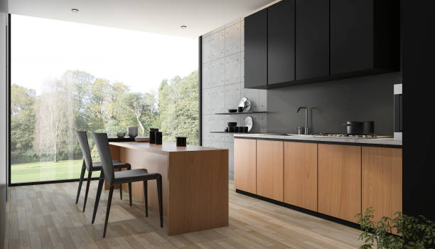 3d rendering modern black kitchen with wood built in 3d rendering by 3dsmax design interior stock pictures, royalty-free photos & images