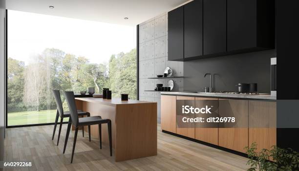 3d Rendering Modern Black Kitchen With Wood Built In Stock Photo - Download Image Now