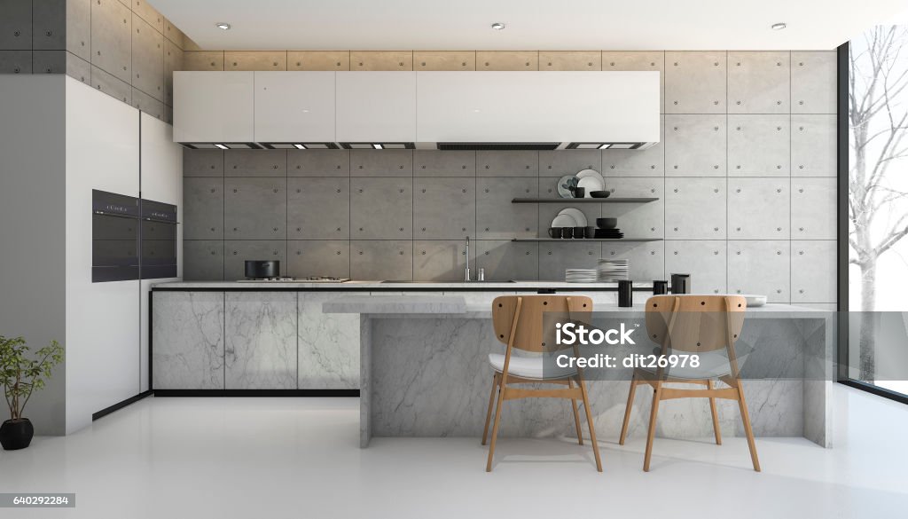 3d rendering loft and modern concrete kitchen - Royaltyfri Kök Bildbanksbilder