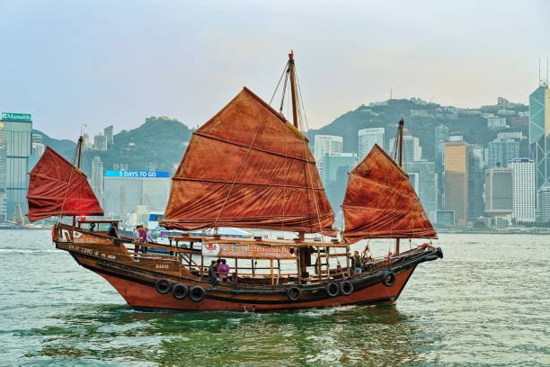 Hong Kong, Hong Kong - March 6, 2016: Junk boat at Victoria Harbor in HK at sunset. View from Kowloon on Hong Kong Island.