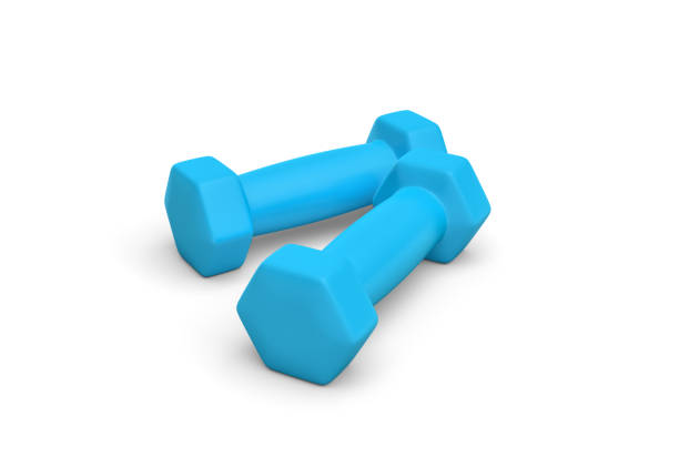 istock Rendering pair of blue light weight dumbbells isolated on white 640294628