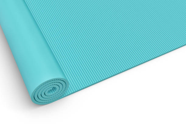 istock Rendering of blue half rolled yoga mat close up on 640294662