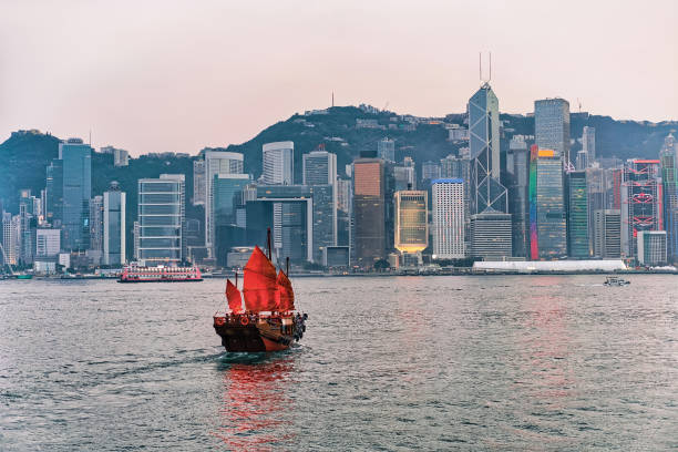 Junk boat at Victoria Harbor in HK at sundown. View from Kowloon on Hong Kong Island.