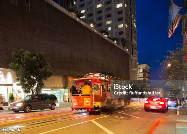 Road With Tramway In San Francisco At Night Stock Photo - Download Image Now - Cable Car, Car, Cityscape