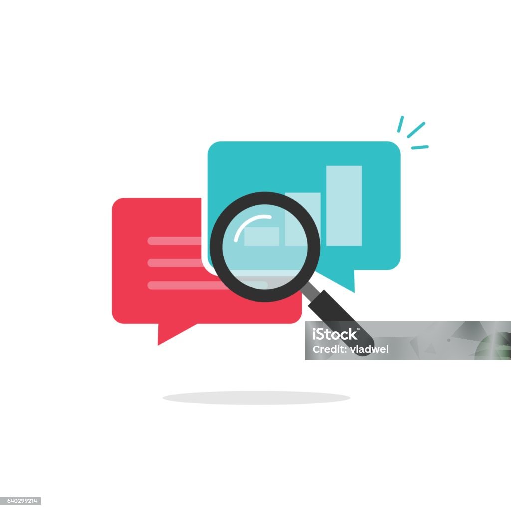 Statistics research icon vector, analysis data, analyzing chat information, explore Statistics research icon vector, flat style analysis data in bubble speeches with growth graph, text symbol and magnifier, analytics icon, analyzing chat information, explore Magnifying Glass stock vector