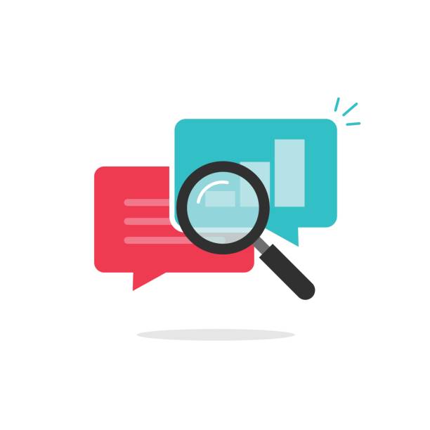Statistics research icon vector, analysis data, analyzing chat information, explore Statistics research icon vector, flat style analysis data in bubble speeches with growth graph, text symbol and magnifier, analytics icon, analyzing chat information, explore comparison illustrations stock illustrations