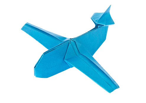 Blue airplane of origami. Isolated on white background