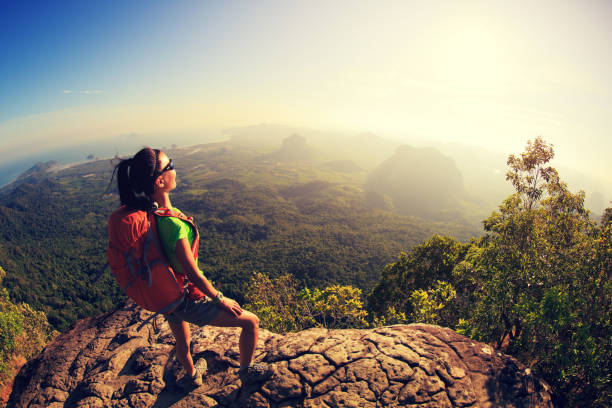 istock young woman backpacker hiking on mountain peak cliff 640300098