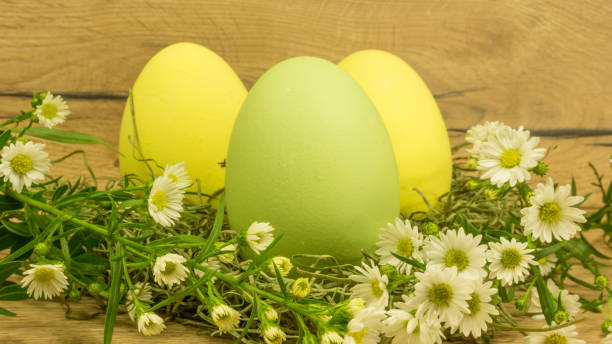 istock Easter eggs on wooden table with daisies 640301718