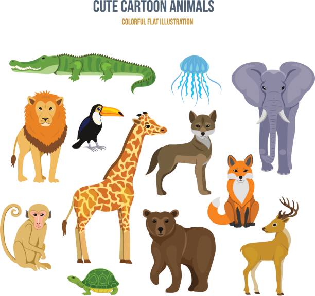 konzept der illustration - niedlich eisern e-set cartoon tiere. - safaritiere stock-grafiken, -clipart, -cartoons und -symbole
