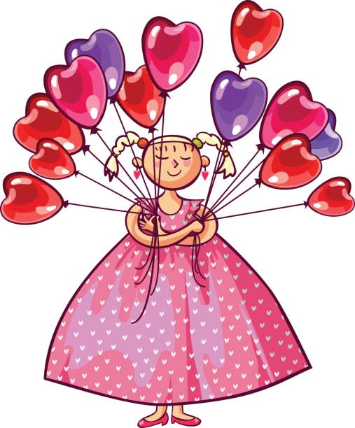 Young woman holding many red heart shaped balloons. vector art illustration