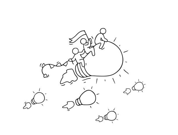 istock Sketch of working little people with flying lamp idea. 640308022