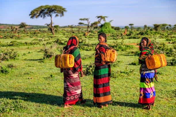 jóvenes africanos mujeres que transporten agua del bien, etiopía, áfrica - village africa ethiopian culture ethiopia fotografías e imágenes de stock