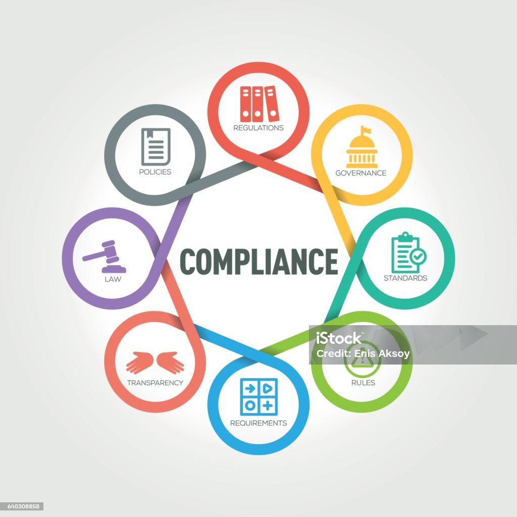 Compliance infographic with 8 steps, parts, options Obedience stock vector