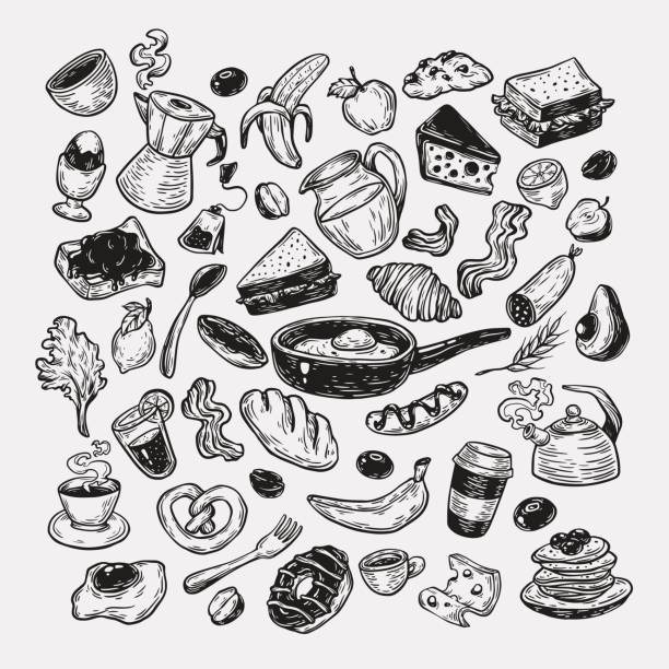 ilustraciones, imágenes clip art, dibujos animados e iconos de stock de hora del desayuno, establecida. - pancake illustration and painting food vector