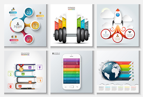 Vector global, startup, fitness, education and abstract templates for infographics. Elements of diagram with 3, 5, 6 and 8 steps, options, parts or processes.