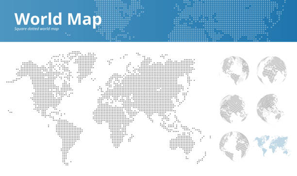 квадратная пунктирная карта мира и земной шар, показывающий все континенты - globe politics topography world map stock illustrations