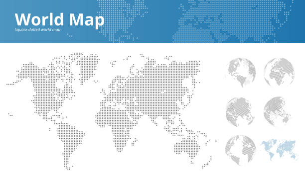 Square dotted world map and earth globes showing all continents Square dotted world map and earth globes showing all continents. Vector illustration template for web design, annual reports, infographics, business presentations, printed material, travel and tourism global logistics infographic stock illustrations