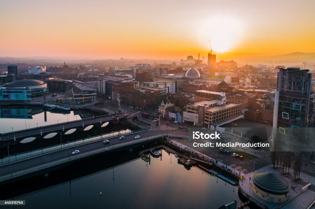 Belfast sunset aerial view Belfast city center form a drone Belfast Stock Photo