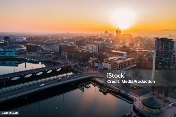 Belfast Sunset Aerial View Stock Photo - Download Image Now - Belfast, City, Ireland