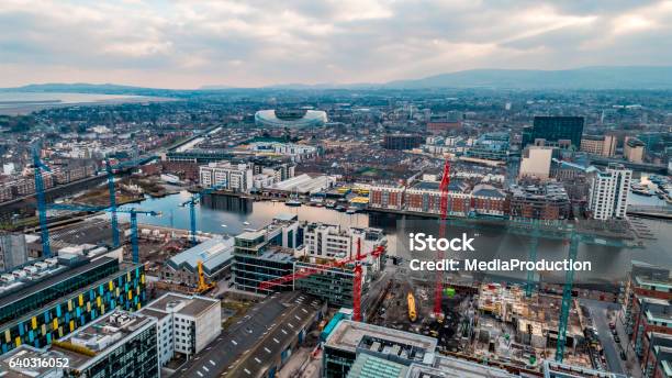 Dublin Aerial View Of City With River Liffey And Stadium Stock Photo - Download Image Now