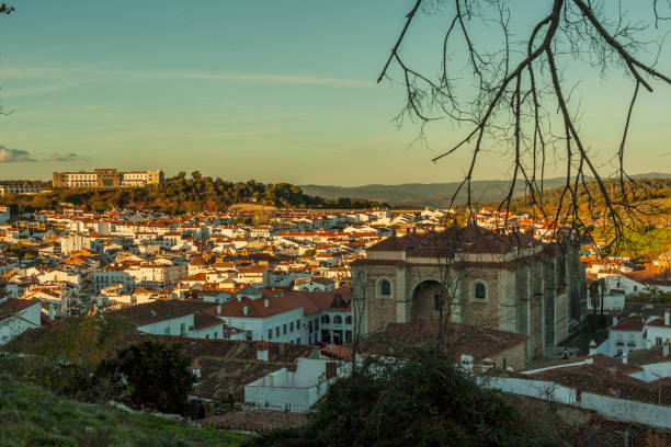 White architecture and red roofs in tourist Aracena's town. stock photo