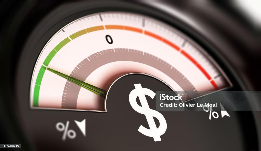 Dropping Prices Concept or Deflation of Dollar Currency 3D illustration of a dial with dollar symbol with needle pointing the green zone. Drop of prices concept, horizontal image. Lowering Stock Photo