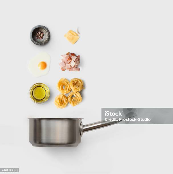 Cooking Ingredients For Italian Food Carbonara Isolated On White Stock Photo - Download Image Now