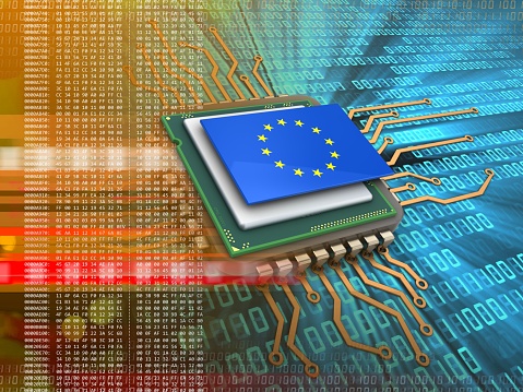 3d illustration of electronic board over digital background with EU flag