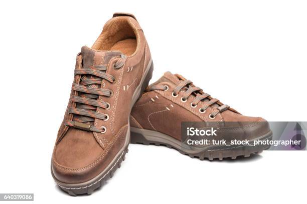 Mens Brown Shoes Hiking Boot Stock Photo - Download Image Now - Arts Culture and Entertainment, Beauty, Beige