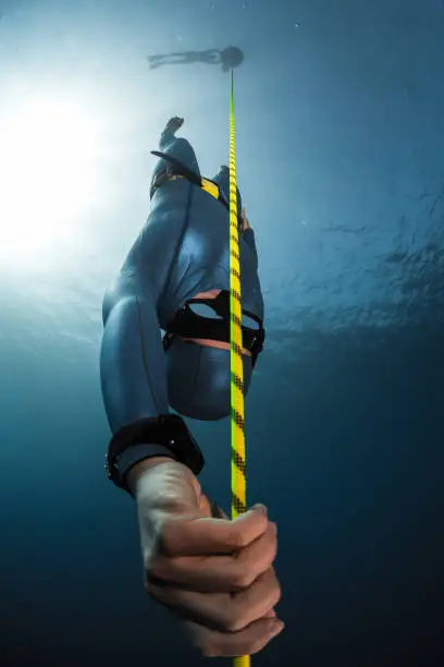 Free diver descending along the rope into depth. Free immersion discipline of the sport