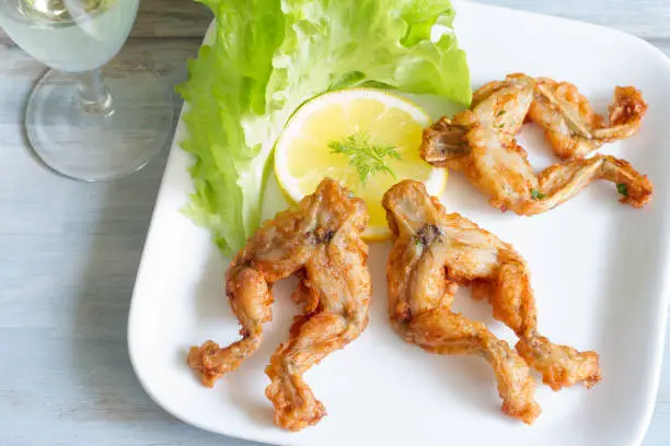 Photo of Fried frog legs on plate food concept