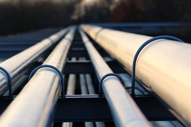 steel pipes in crude oil refinery stock photo