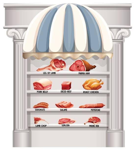 Shelves full of different kinds of meat Shelves full of different kinds of meat illustration roasted prime rib illustrations stock illustrations