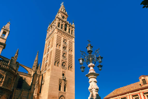 giralda and seville cathedral in the morning, spain - seville sevilla la giralda spain imagens e fotografias de stock
