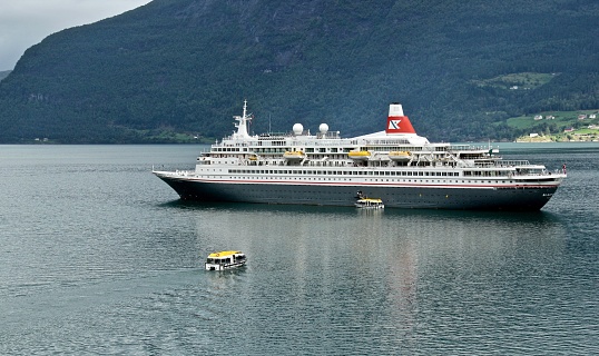 Olden, Norway - September 2016: The Fred Olsen cruise ship 'The Black Watch' is tendered in Olden fjord.