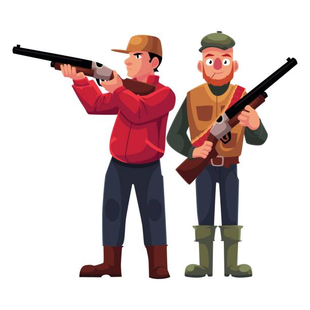 Two hunters, one in vest holding rifle, another aiming Two hunters, one in vest holding rifle, another aiming with a gun, cartoon vector illustration isolated on white background. Full length portrait of two hunters, hunting season concept two men hunting stock illustrations