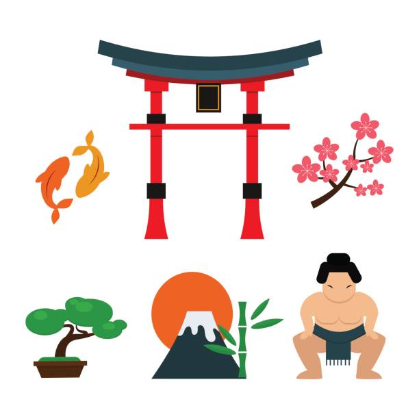 ilustraciones, imágenes clip art, dibujos animados e iconos de stock de iconos vectoriales de viaje de hitos de japón. - japanese culture single flower flower east