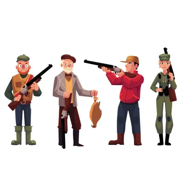 Vector illustration of Male and female hunters - old fashioned, modern, military style