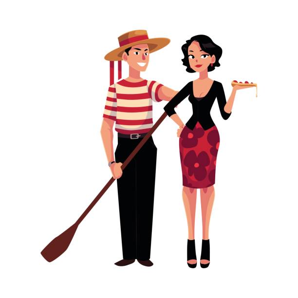 Man and woman symbolizing Italian traditions, fashion, cuisine Man and woman symbolizing Italian traditions, fashion and cuisine, cartoon vector illustration isolated on white background. Italian gondolier and fashionable woman holding pizza, symbols of Italy gondolier stock illustrations