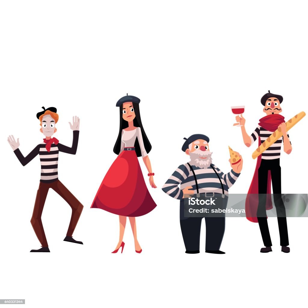 French people, mimes holding cheese, baguette, wine, symbols of France Set of French male and female characters, mimes holding cheese, baguette, wine as symbols of France, cartoon vector illustration isolated on white background. French people, mimes, symbols of France French Culture stock vector