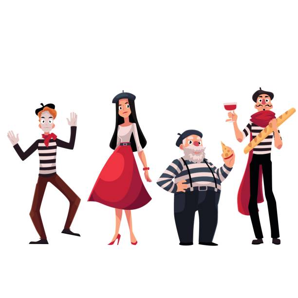 French people, mimes holding cheese, baguette, wine, symbols of France Set of French male and female characters, mimes holding cheese, baguette, wine as symbols of France, cartoon vector illustration isolated on white background. French people, mimes, symbols of France charades stock illustrations