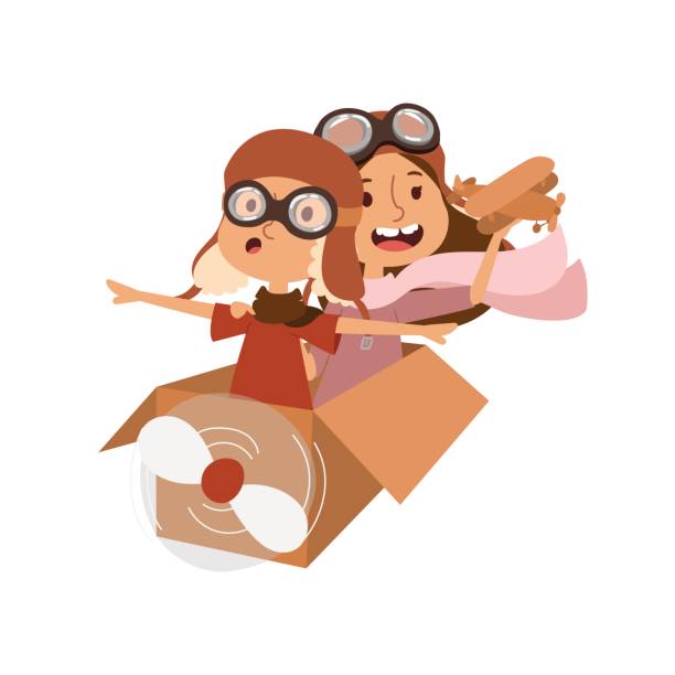 illustrations, cliparts, dessins animés et icônes de cartoon vector enfants jouant personnage d’aviation pilote. - aspirations pilot child airplane
