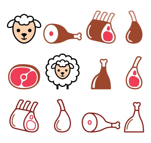 ilustrações, clipart, desenhos animados e ícones de carne de cordeiro, perna de cordeiro, pernil de cordeiro e costelas ícones definidos - lamb chop shank cooked